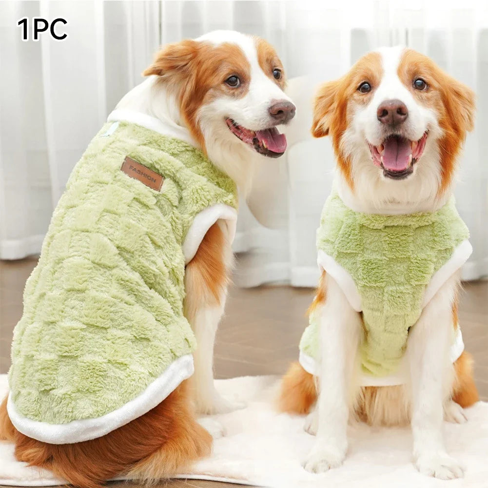 Two dogs wearing green fleece coats sitting side by side on a light-colored floor.