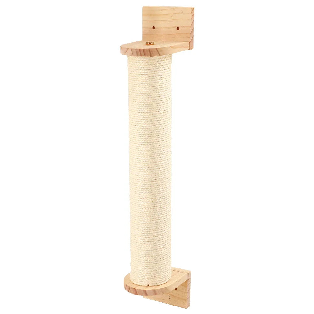 Wooden cat scratcher with sisal rope on a white background