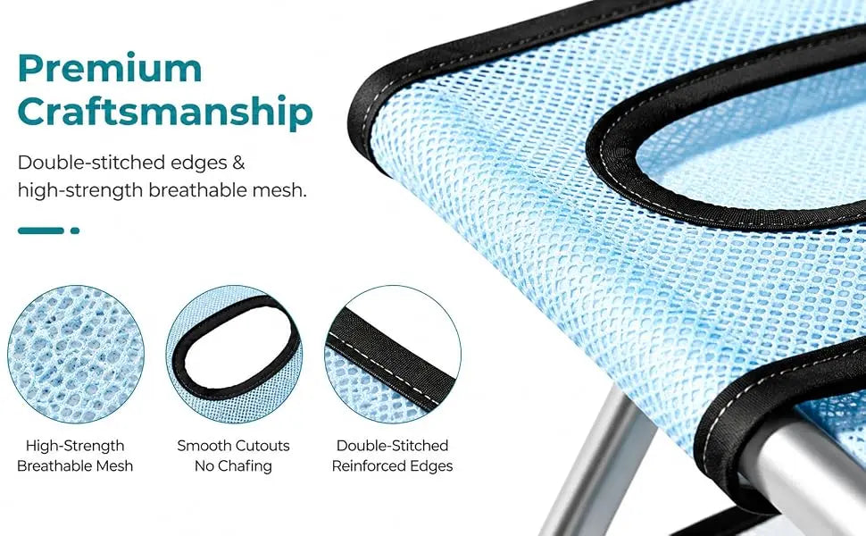 Close-up of a light blue mesh chair or stool with black trim and a metal leg, alongside marketing text and three circular detail insets showing breathable mesh, smooth cutouts, and reinforced stitching.