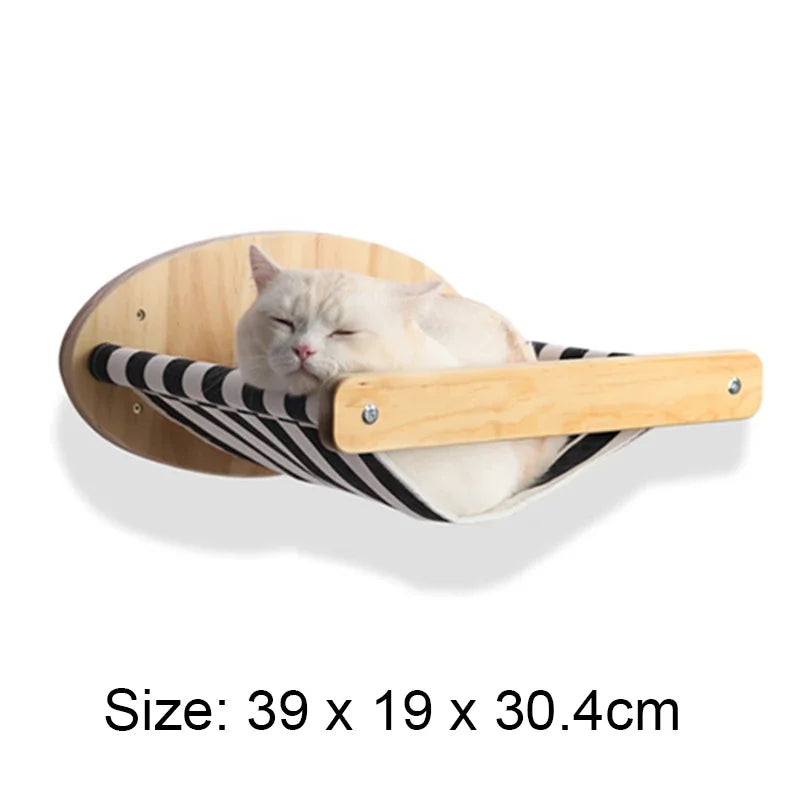 Cat sleeping on a wooden hammock with size information displayed