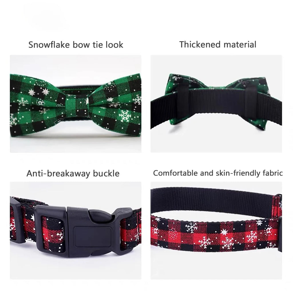 Dog collar with snowflake bow tie design, thick material, anti-breakaway buckle, and skin-friendly fabric.