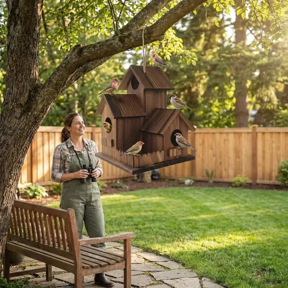 Woman standing next to a wooden birdhouse with birds perched on it in a garden setting.
