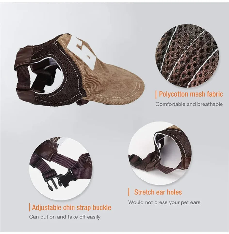 Pet harness with adjustable chin strap buckle, stretch ear holes, and polycotton mesh fabric on a light gray background.