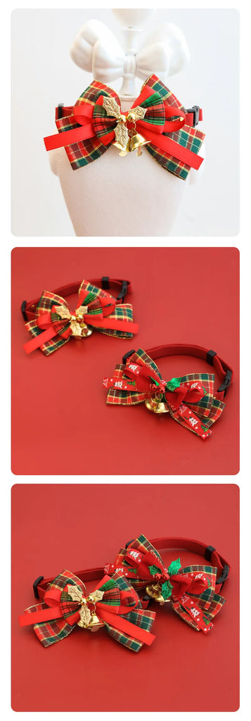 Three-panel collage showing a red and green plaid pet bow collar with a gold jingle bell, displayed on a white mannequin in the top panel and on a red background in the bottom two panels.