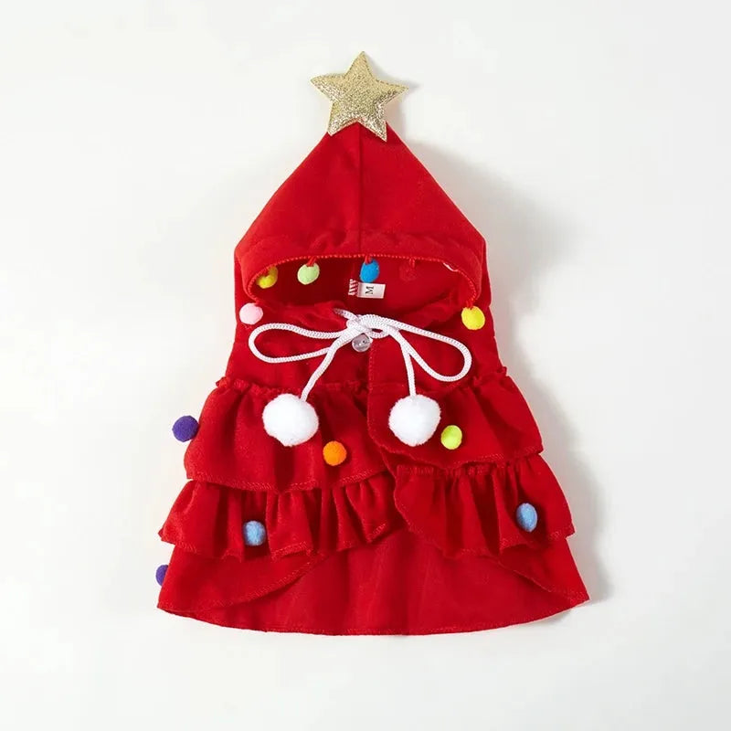 Festive Christmas Tree Hooded Cape for Pets – Cosplay Xmas Tree Shawl Costume for Cats, Small Dogs & Puppies, Holiday Pet Clothing