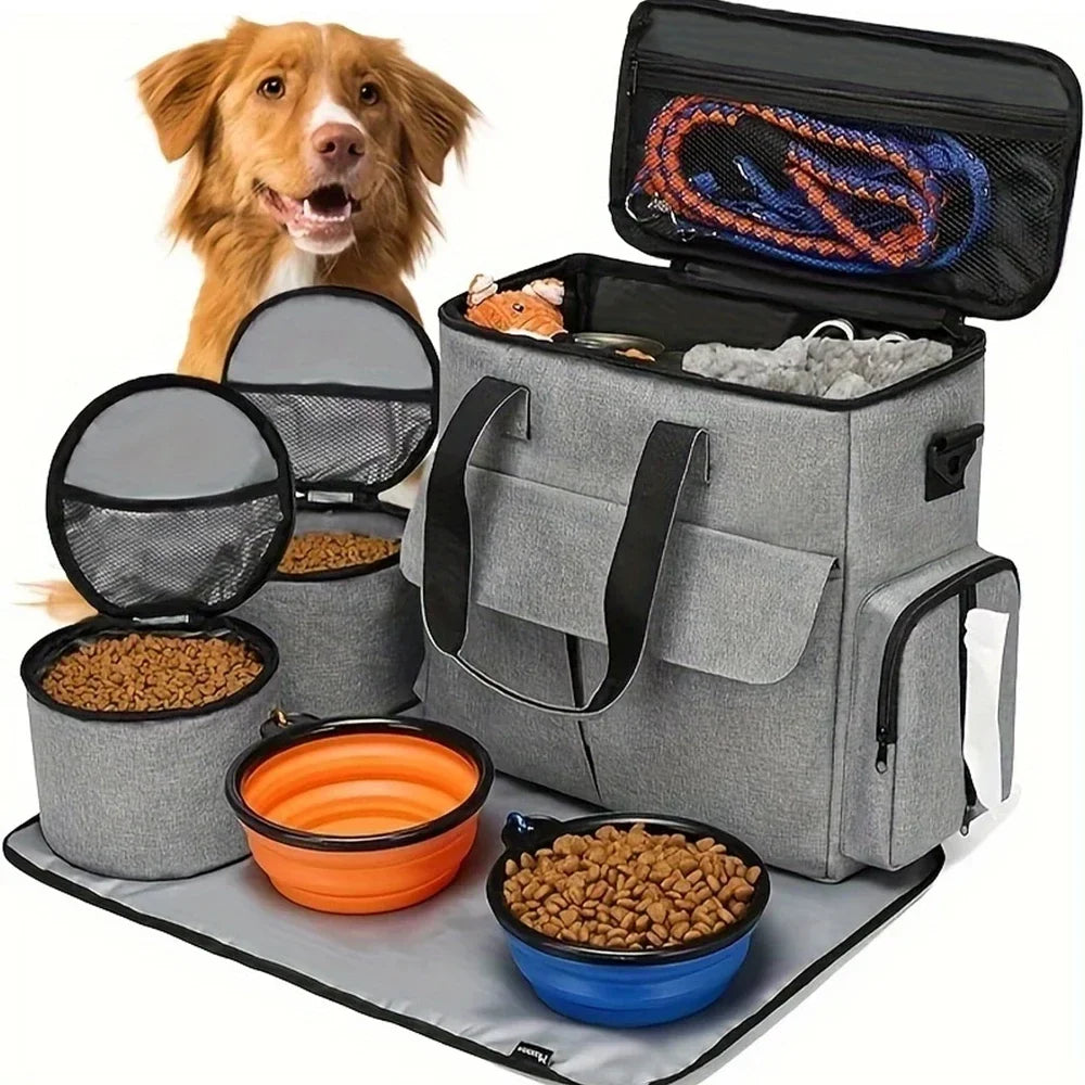 Pet travel bag with food bowls and a dog standing next to it