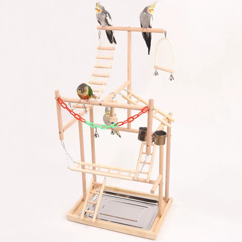 Bird playstand with birds on a white background
