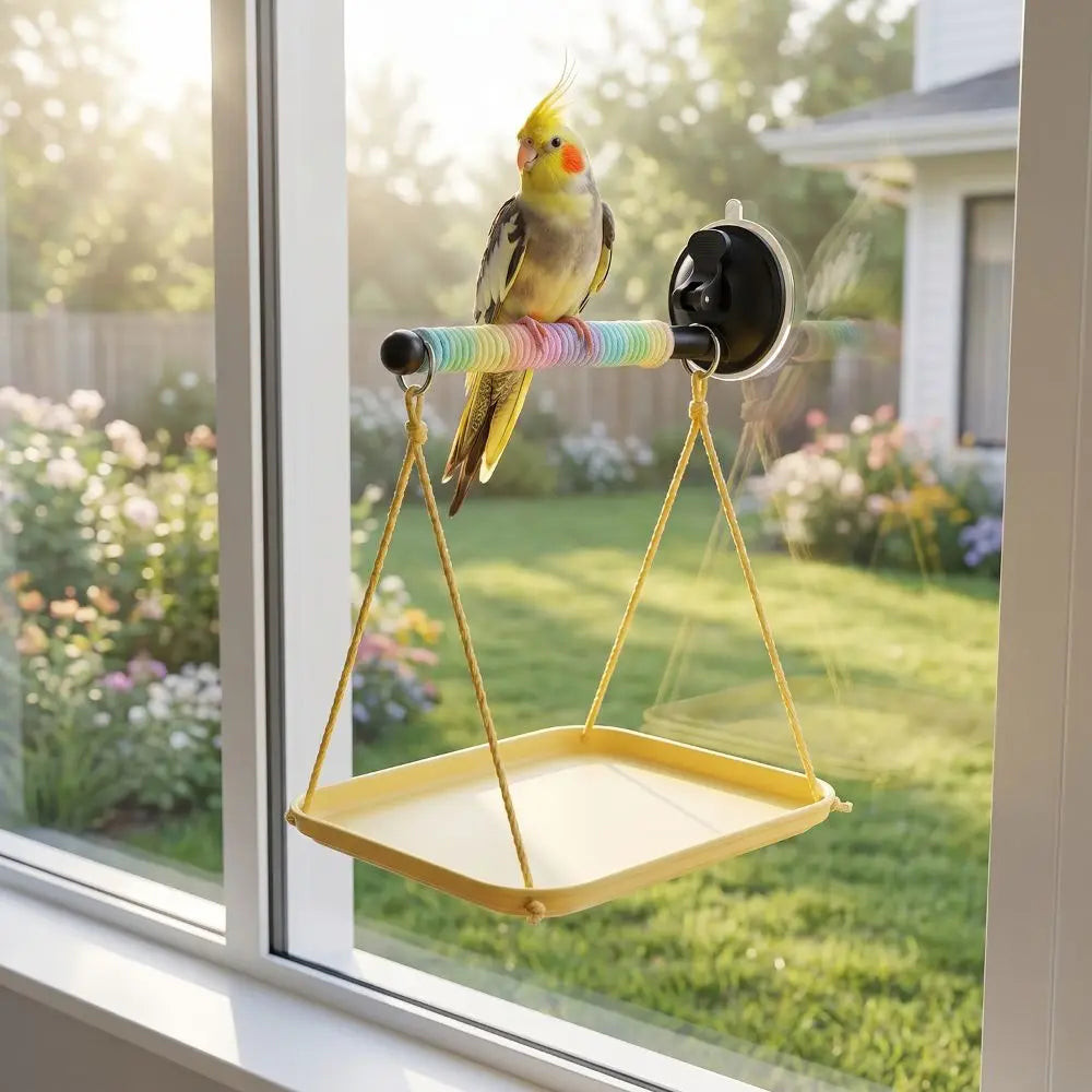 Bird perched on a colorful window perch with a tray below, set against a garden view.