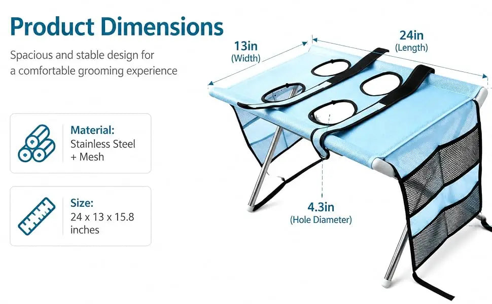 A grooming table product diagram with labeled dimensions: 24 in length, 13 in width, and 4.3 in hole diameter.
