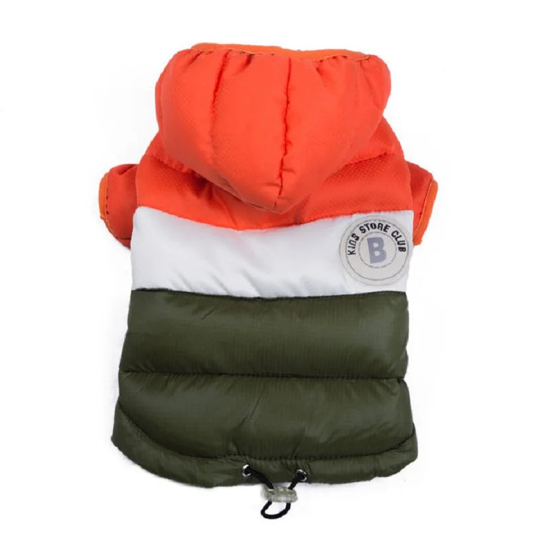Puffer vest with orange hood and green body on a white background