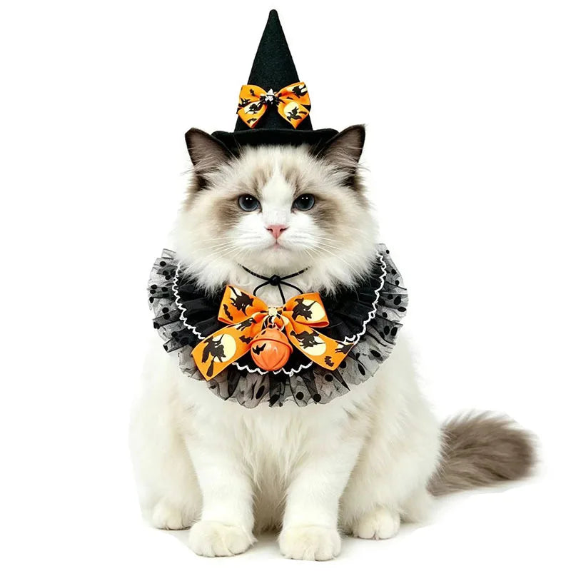 Halloween Pet Costume Set – Witch Hat & Bandana Scarf for Cats & Small Dogs, Cute Cosplay Outfit for Parties & Photos
