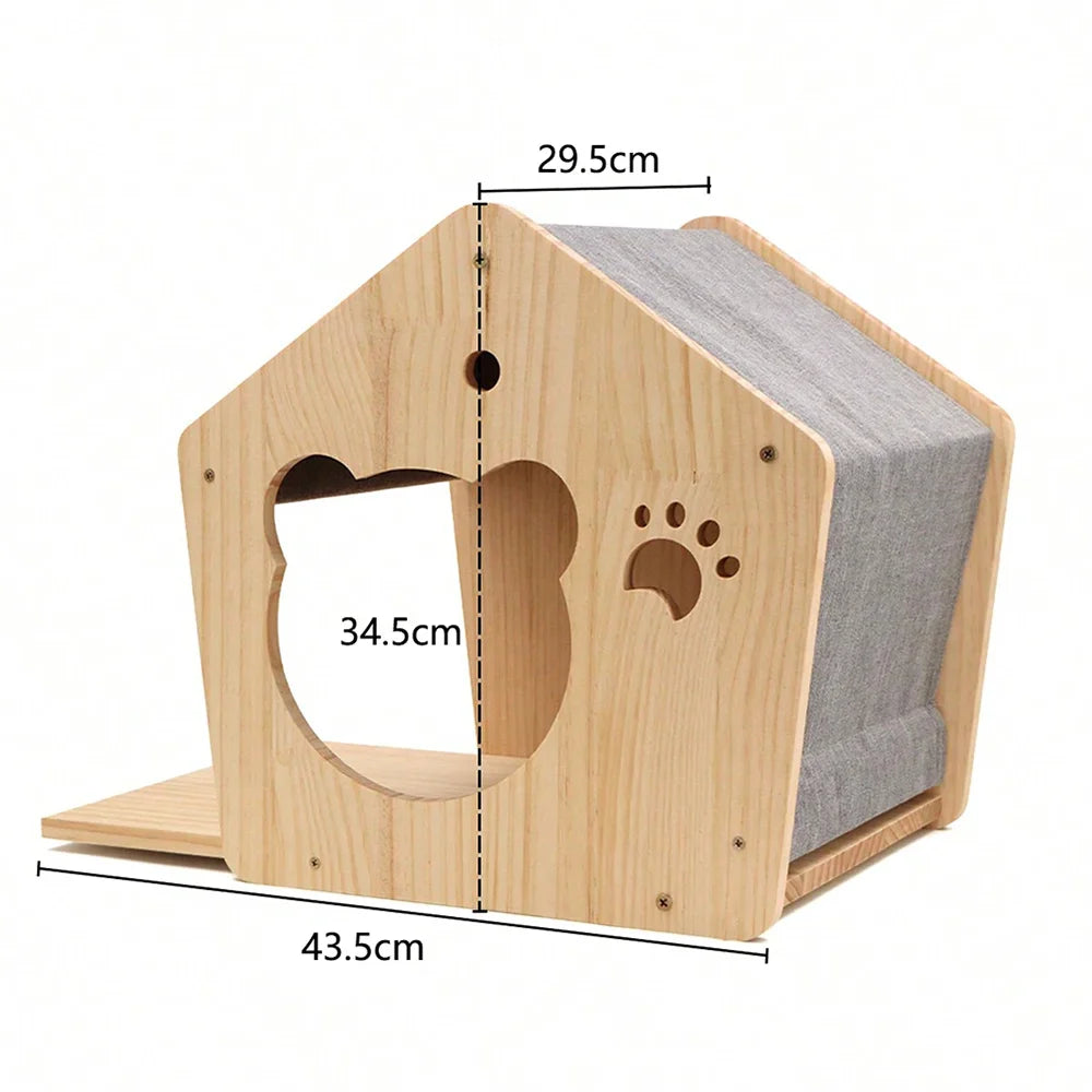 Wooden pet house with dimensions labeled on a white background