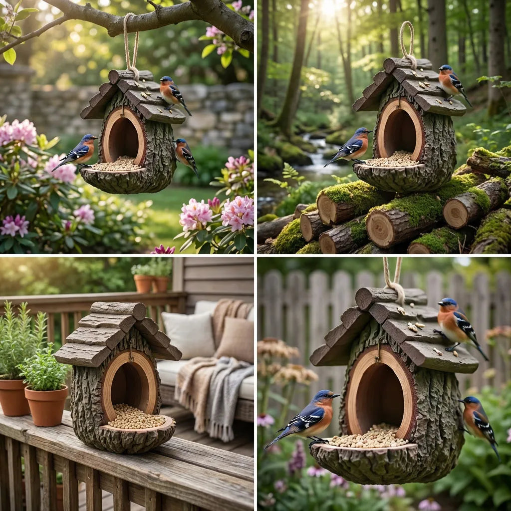 Collage of birdhouses in various outdoor settings with birds perched on them.