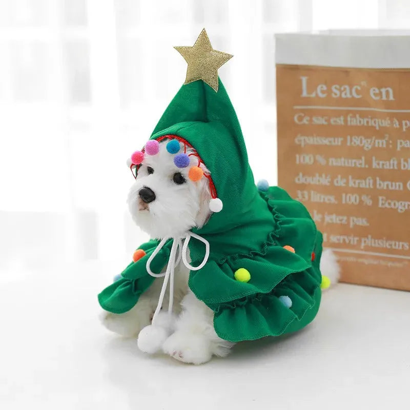 Festive Christmas Tree Hooded Cape for Pets – Cosplay Xmas Tree Shawl Costume for Cats, Small Dogs & Puppies, Holiday Pet Clothing