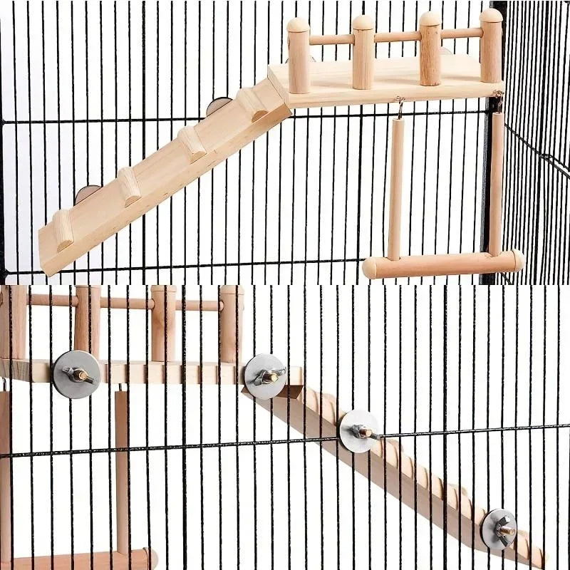 Wooden bird cage perch with metal hooks on a black wire cage background