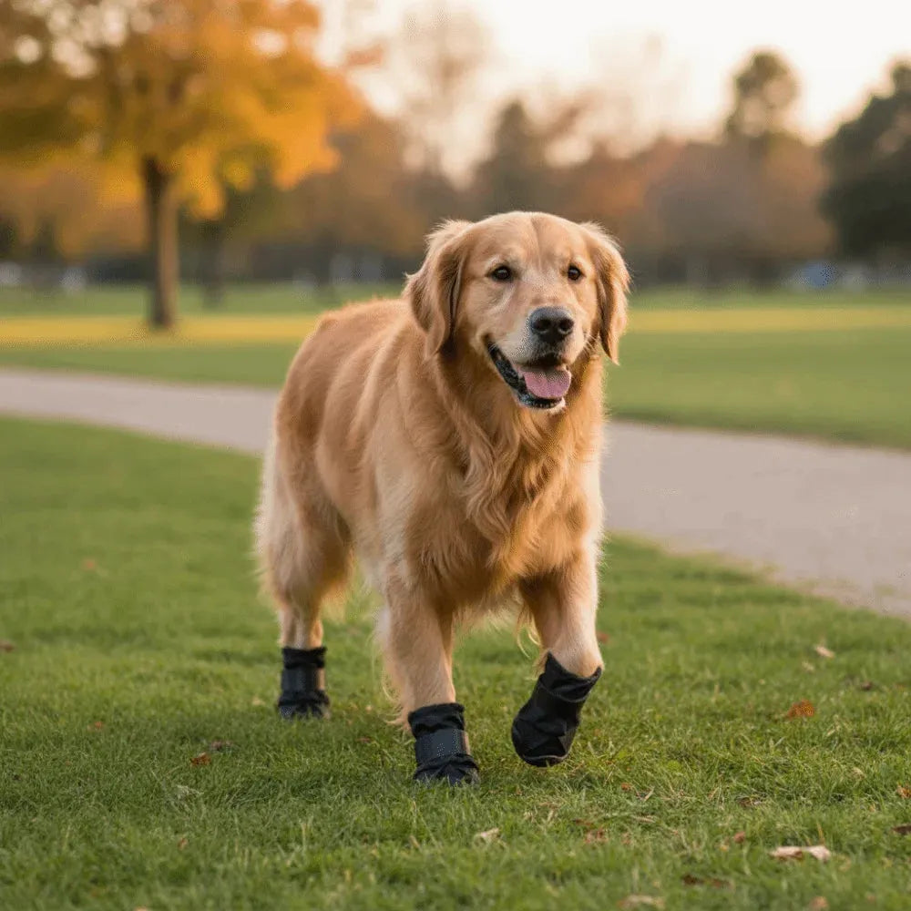 A golden retriever dog walking on a grassy park path wearing black dog booties, with a blurred autumn park background.