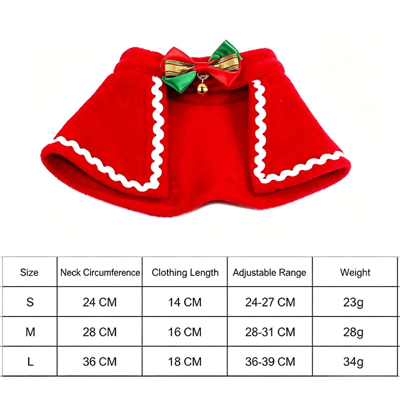 Red pet cape with white scalloped trim and a green and gold bow with a small bell, shown above a size chart table.