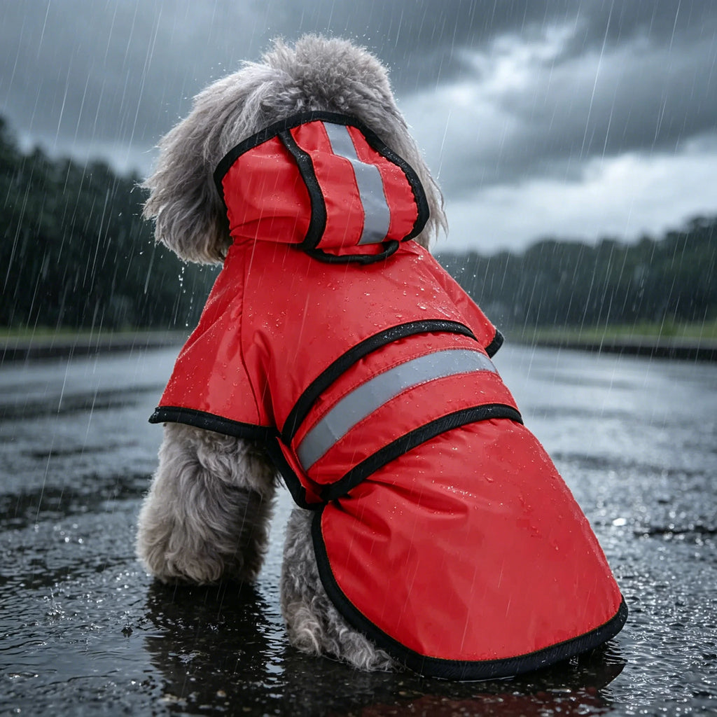 Dog wearing a red raincoat with reflective stripes standing in water during rain.