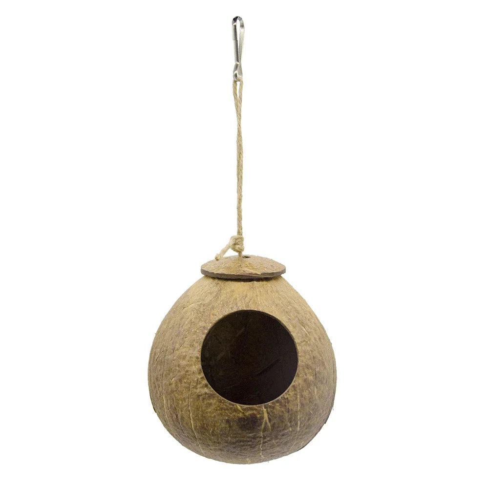 Coconut shell birdhouse with a hanging string on a white background
