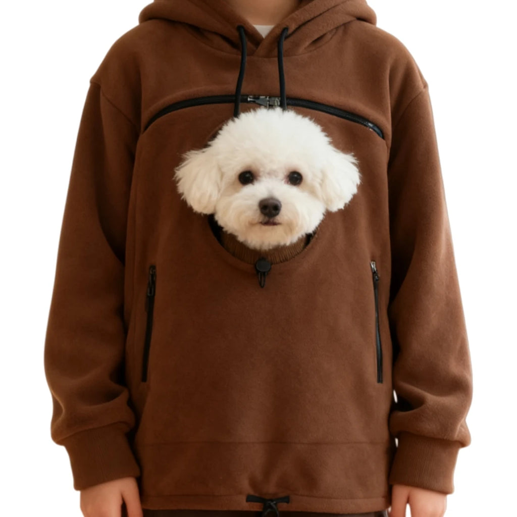 Brown hoodie with a white dog's face design on a white background