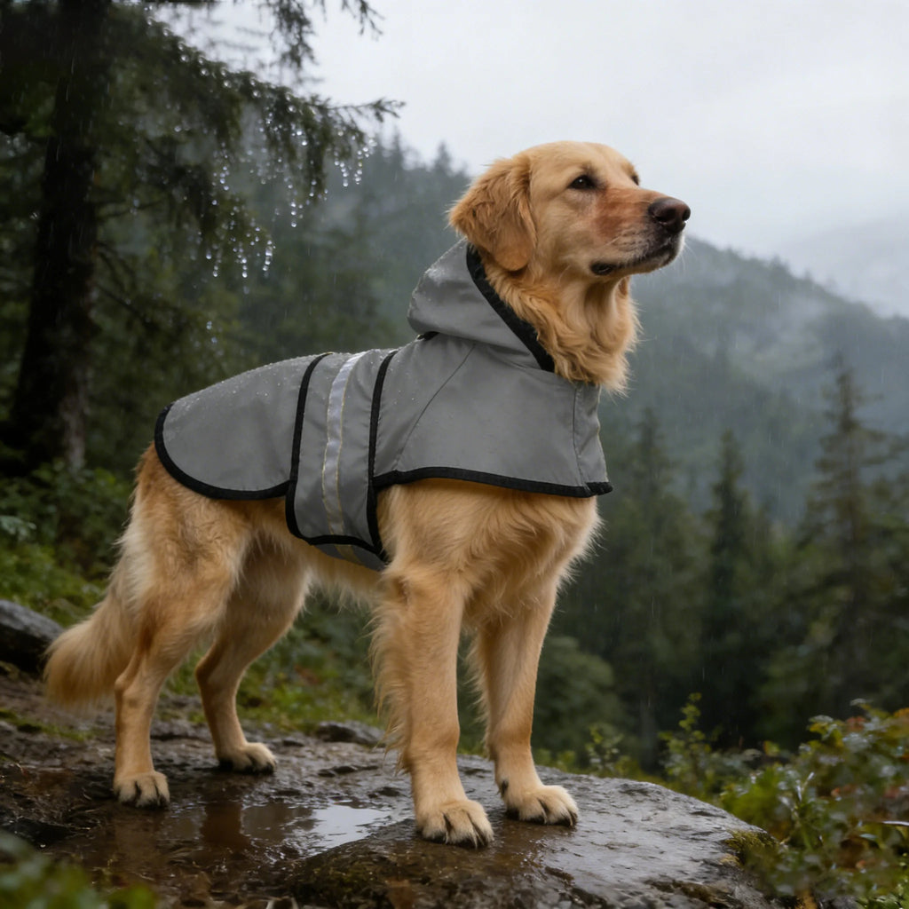 Dog wearing a gray raincoat standing on a rock with a forest background