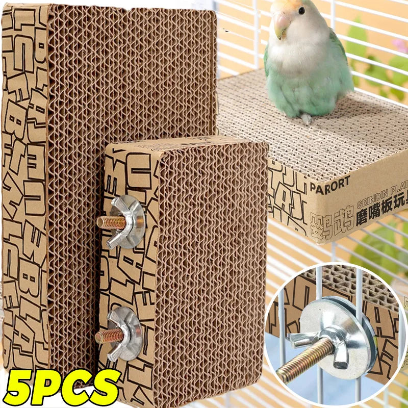 Cardboard bird perch with screws and a parrot on a wooden perch.