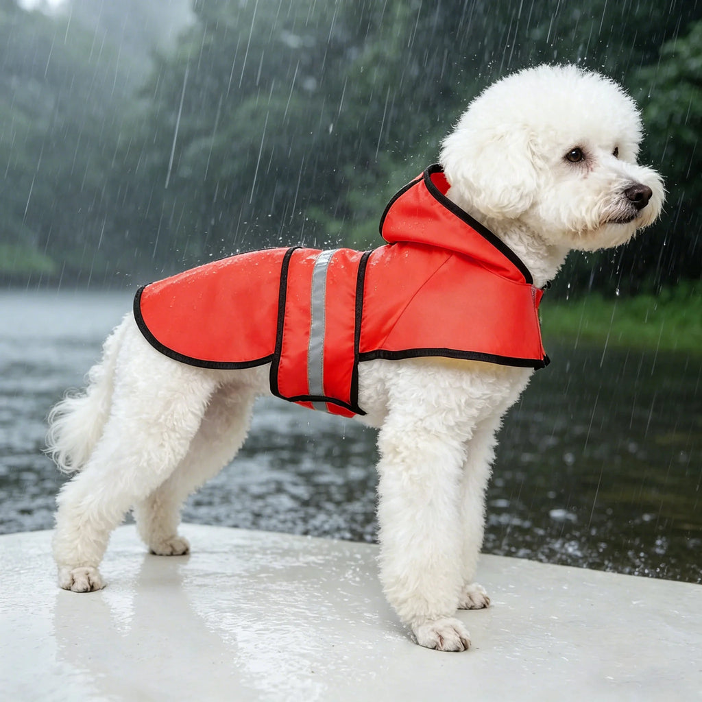 White dog wearing a red raincoat standing on a dock during a rainy day.