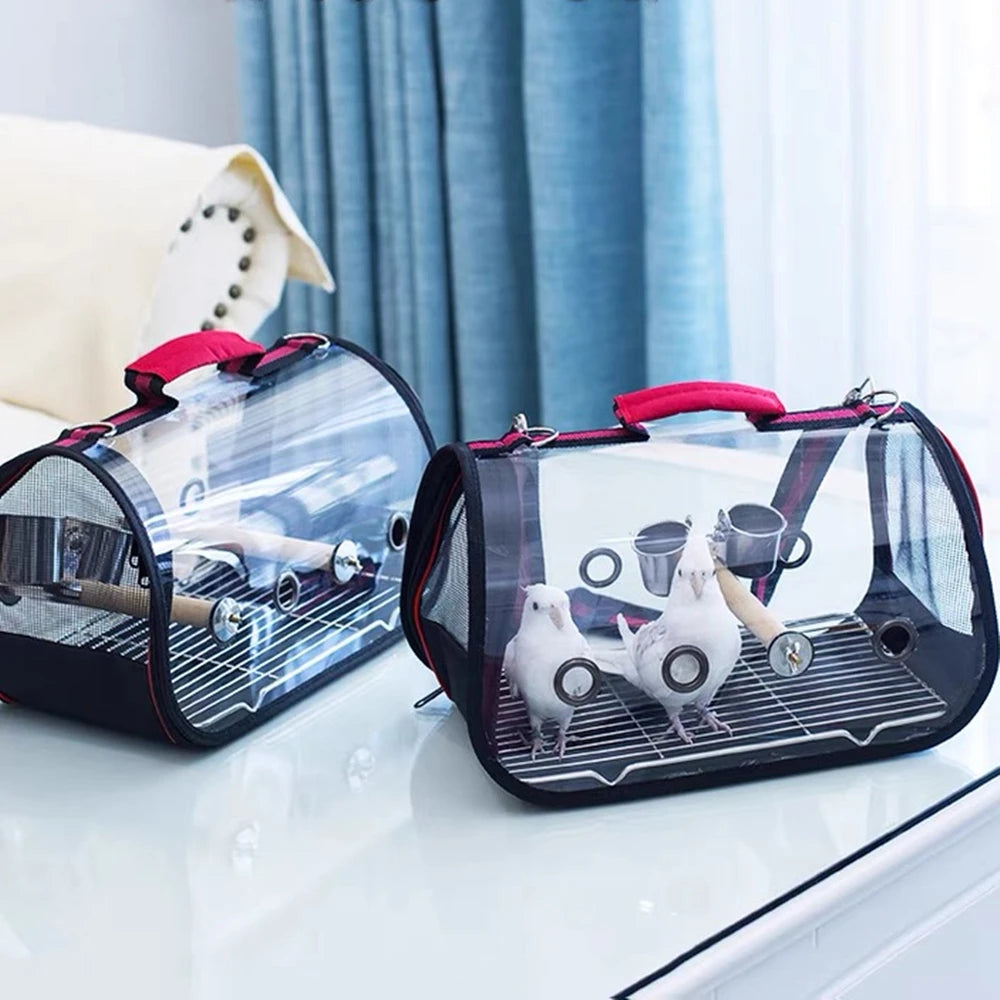 Pet carrier with a parakeet inside, placed on a surface with a light blue curtain in the background.