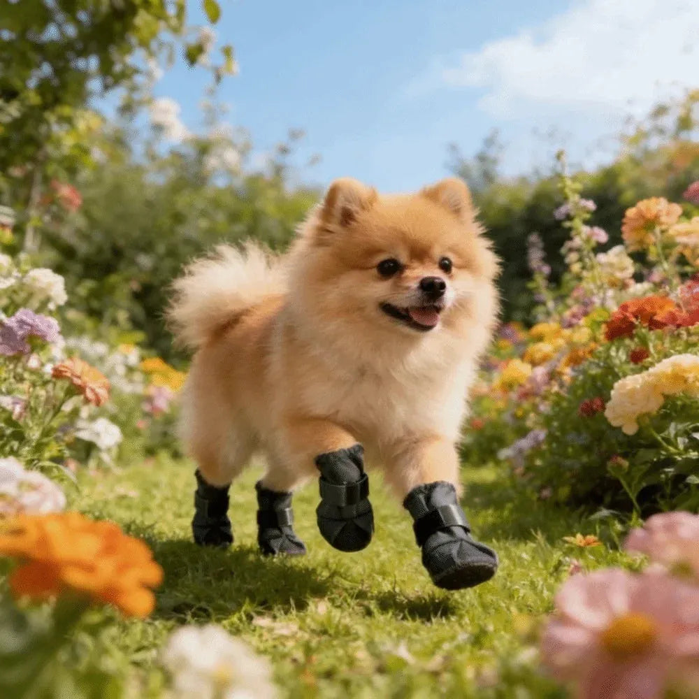 A fluffy tan Pomeranian dog wearing black booties walks through a colorful garden of flowers on a sunny day.