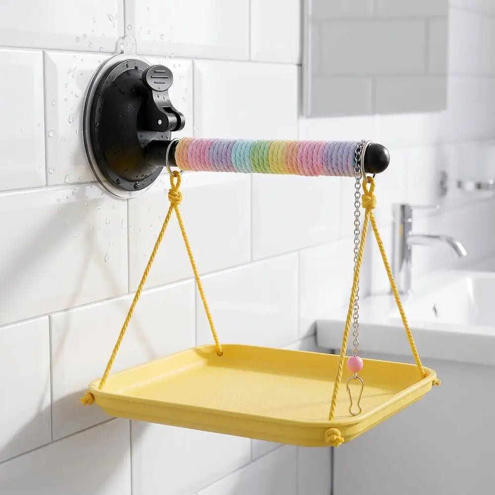 Colorful hanging shelf with a yellow tray attached to a wall-mounted bracket.