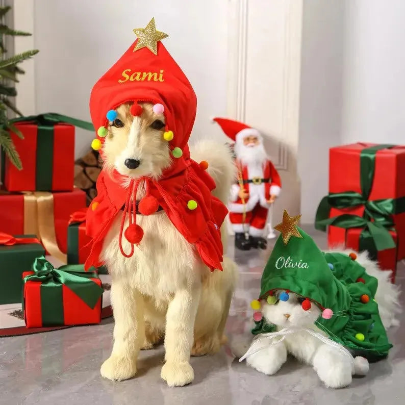 Festive Christmas Tree Hooded Cape for Pets – Cosplay Xmas Tree Shawl Costume for Cats, Small Dogs & Puppies, Holiday Pet Clothing