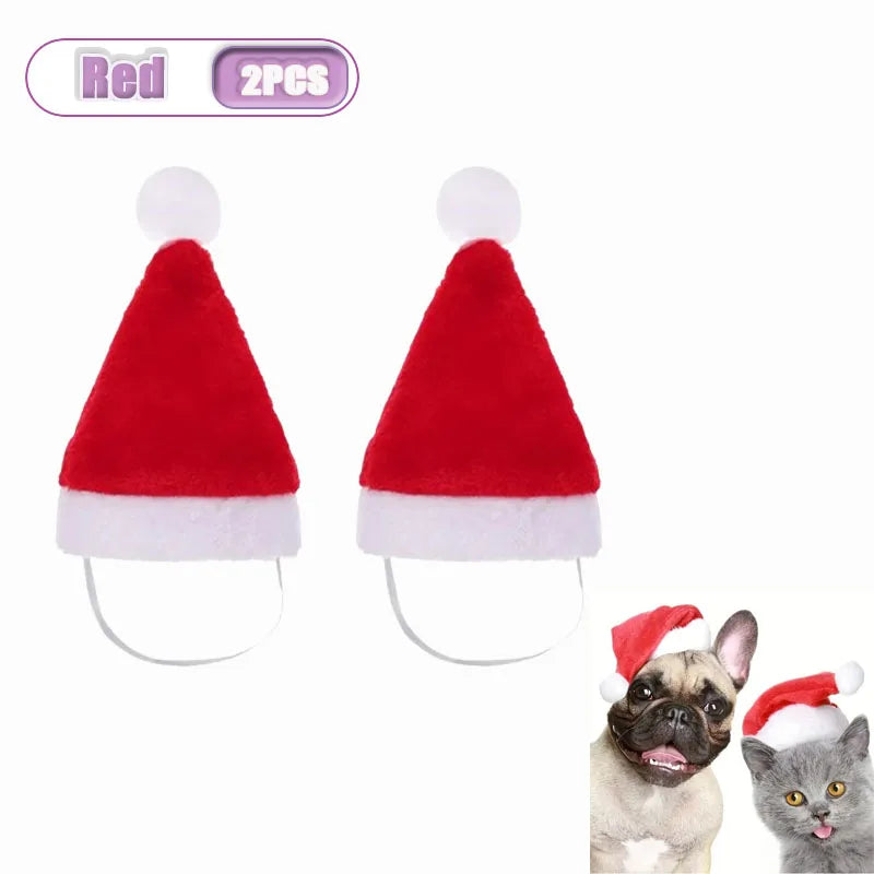 Two red and white Santa hat dog masks shown on a white background, with a purple 'Red 2PCS' label at the top and small photos of a dog and cat wearing the hats at the bottom right.