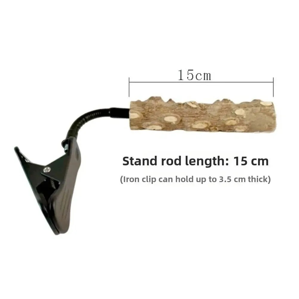 A black iron clip stand holding a natural wood rod, with a dimension line indicating the stand rod length is 15 cm. Text below reads 'Stand rod length: 15 cm (Iron clip can hold up to 3.