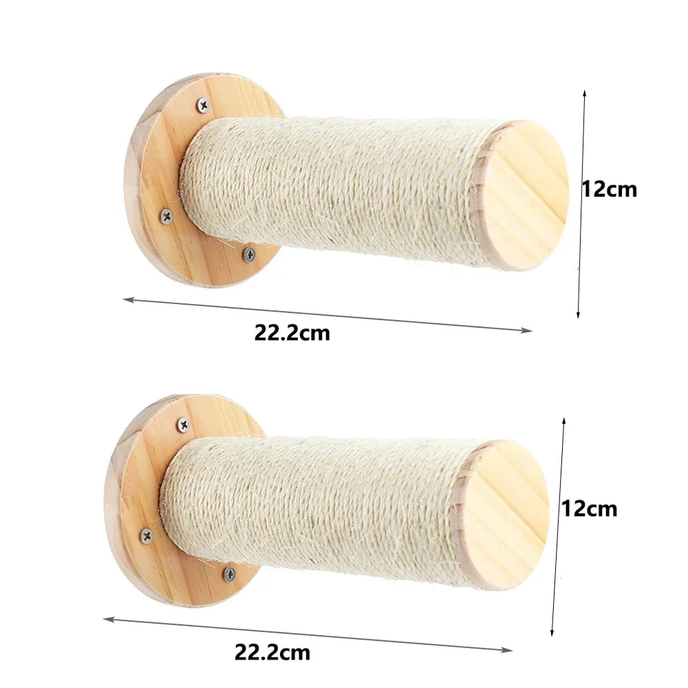 Two wooden cylindrical cat scratchers with dimensions labeled on a white background