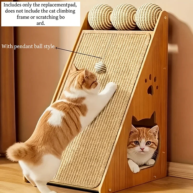 Cat climbing frame with wooden ramp and sisal-wrapped cylindrical posts, featuring a cat playing on it.