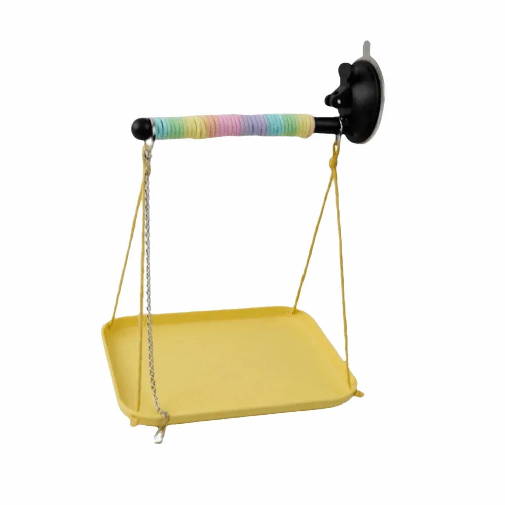 Yellow swing with a rainbow handle on a white background