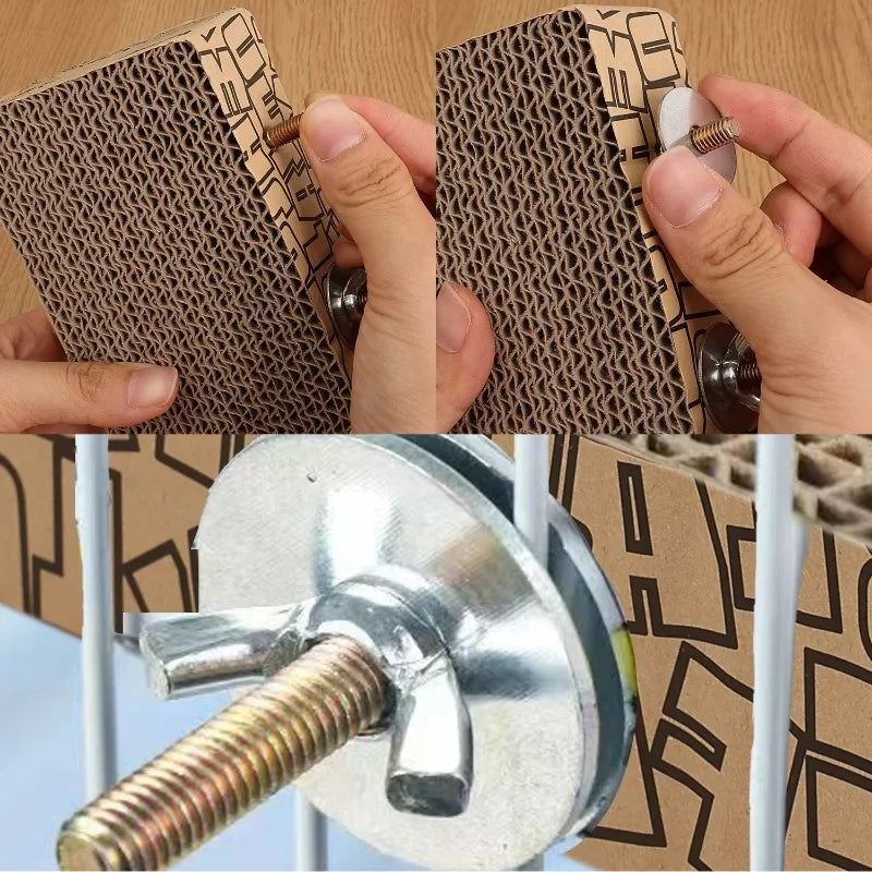 Cardboard blocks with a metal screw and washer on a wooden surface.