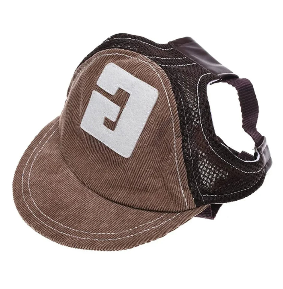 Brown pet hat with a logo on a white background