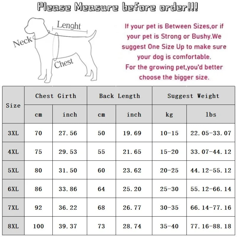 Measurement chart for dogs with instructions and size chart