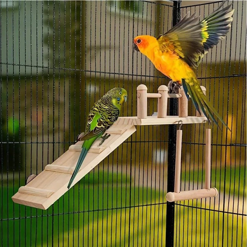 Two birds on a wooden bird perch in a cage.