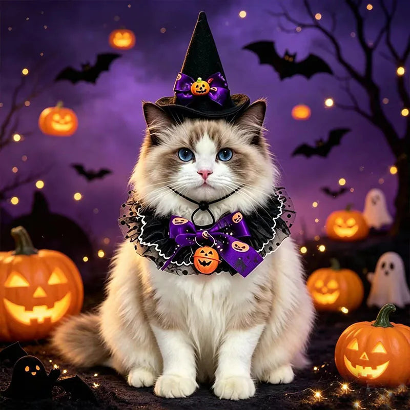Halloween Pet Costume Set – Witch Hat & Bandana Scarf for Cats & Small Dogs, Cute Cosplay Outfit for Parties & Photos