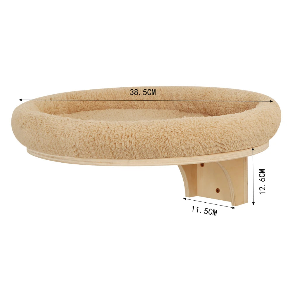 Beige pet bed with dimensions on a white background