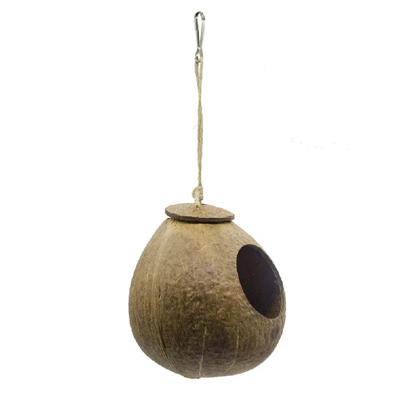 A natural coconut shell hanging bird house with a round entry hole and a metal hanging hook at the top, shown against a plain white background.