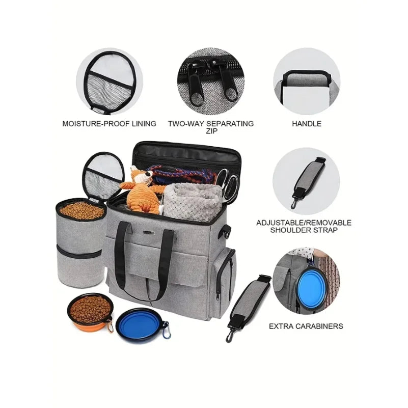 Multifunctional pet travel bag with various features highlighted on a white background