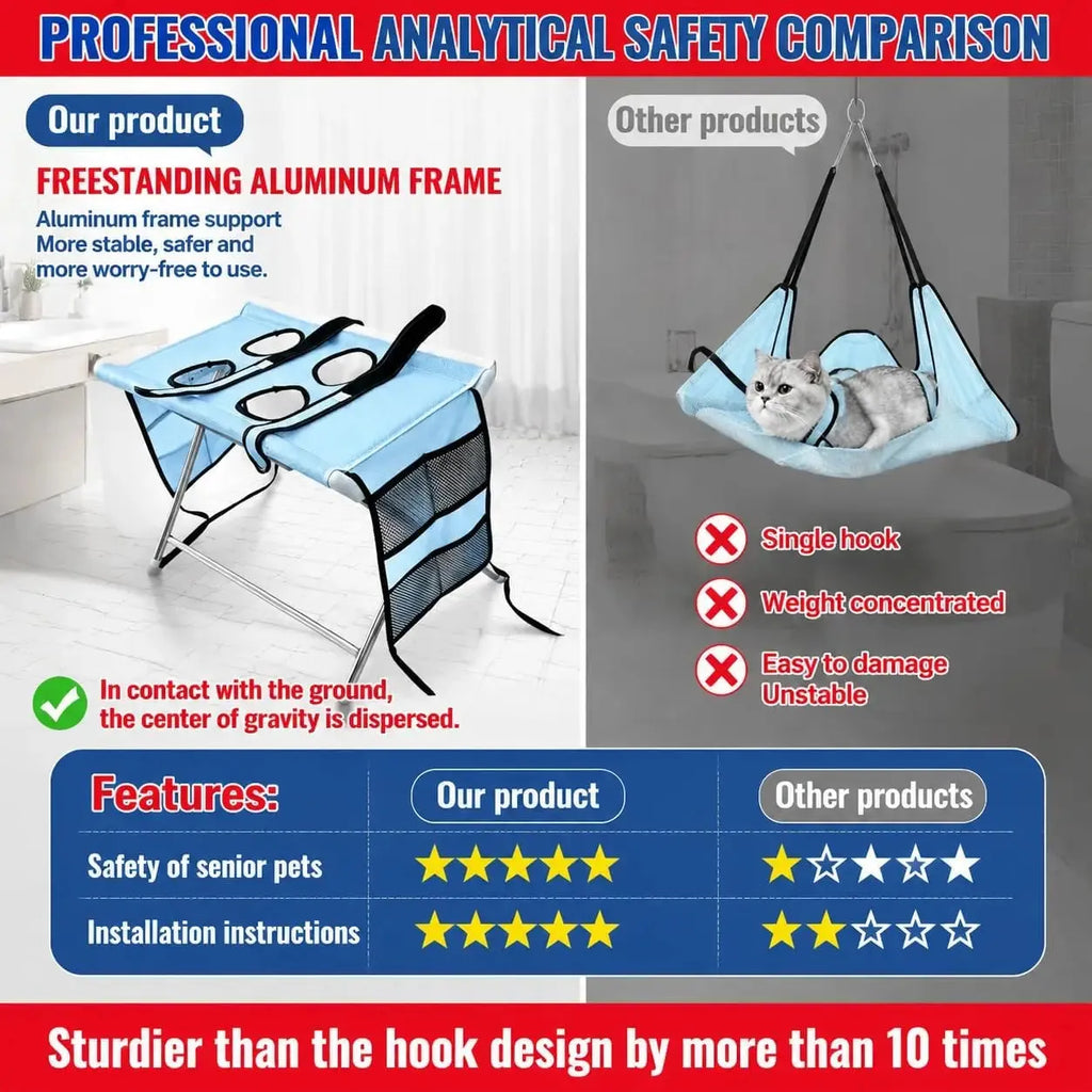 A promotional comparison graphic for a freestanding aluminum pet hammock. The left side shows the blue and black hammock with a cat lying inside in a bright room, with text highlighting its freestanding aluminum frame and safety features.