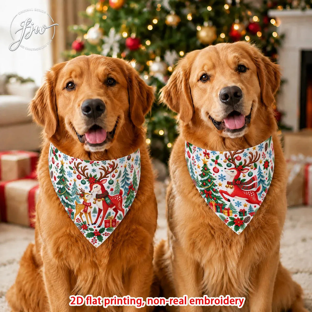 Two golden retriever dogs wearing matching Christmas-themed bandanas with a festive print of red deer, green trees, and holiday motifs, set against a cozy Christmas tree and wrapped gifts background.