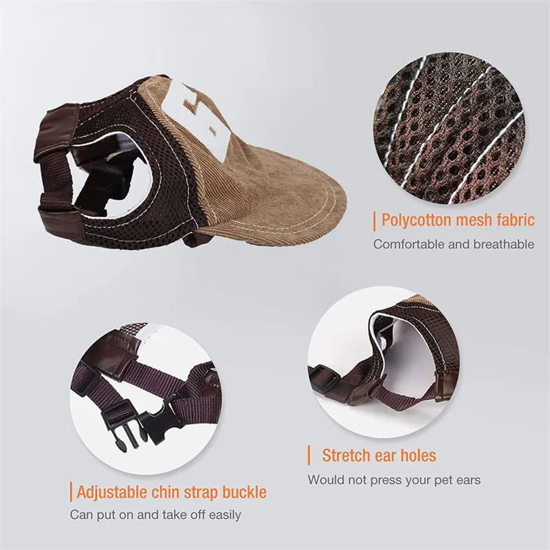 Pet harness with polycotton mesh fabric, adjustable chin strap buckle, and stretch ear holes on a light gray background.