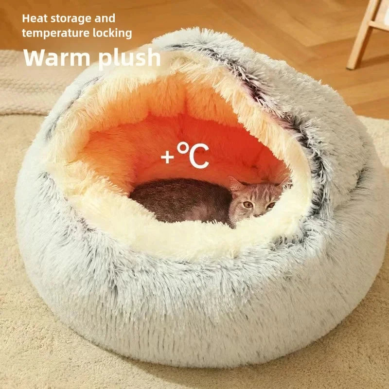 Fluffy pet bed with a cat inside, labeled 'Warm plush' and 'Heat storage and temperature locking'.