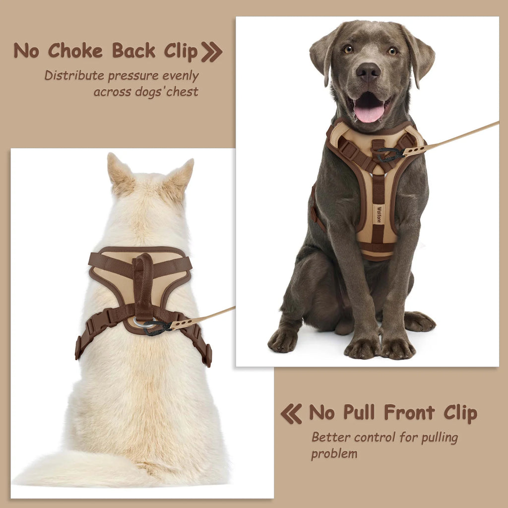 Dog harness with 'No Choke Back Clip' and 'No Pull Front Clip' features on a beige background.