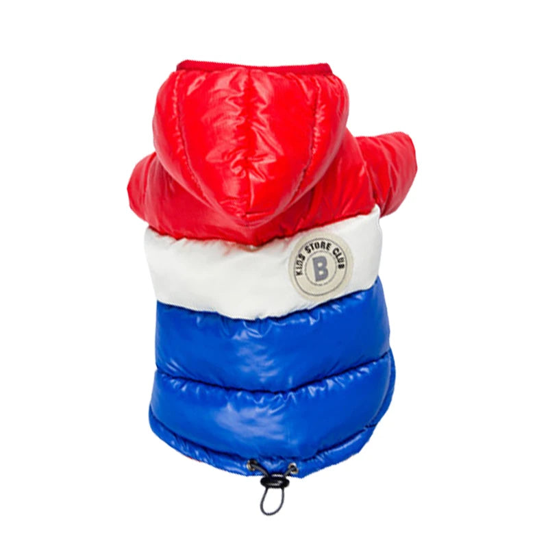 Red and blue puffer dog coat with a visible brand logo on a white background